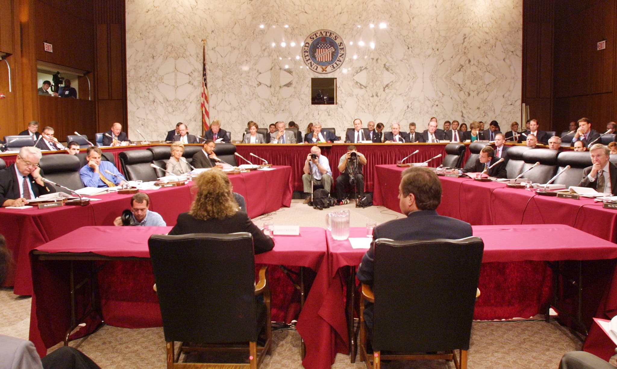 A man and a woman sit with their back to the camera in front of a Congressional committee