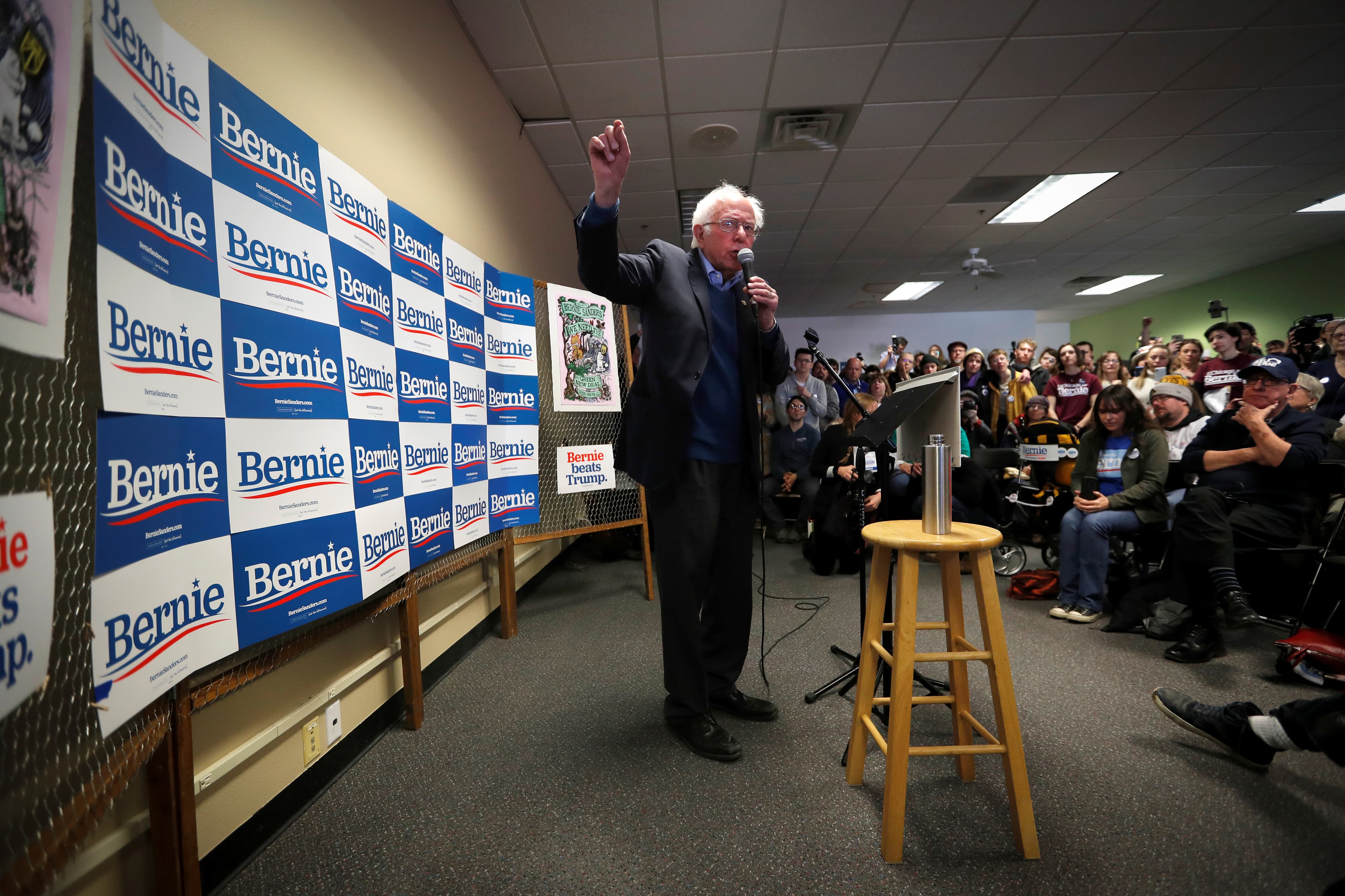 Democratic US presidential candidate Sen. Bernie Sanders speaks to supporters and volunteers at a campaign field office in Iowa City, Iowa, Feb. 2, 2020.