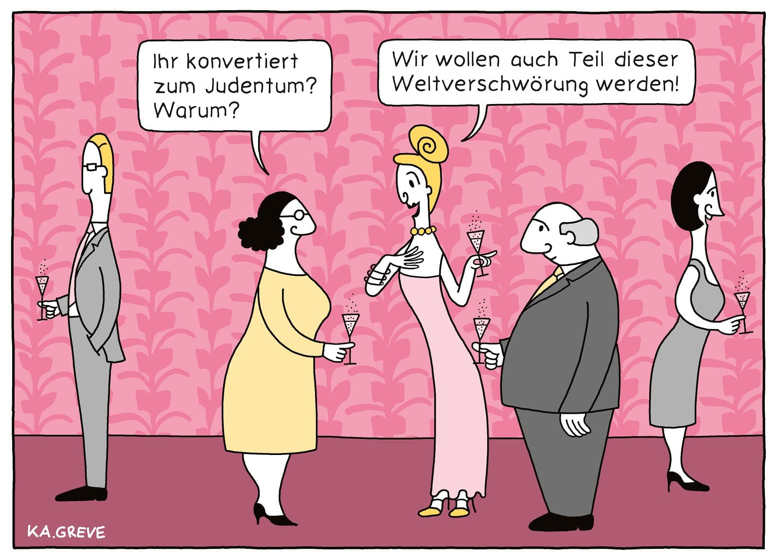 A pink cartoon with five people talking at a party with white and black thought bubbles above their heads