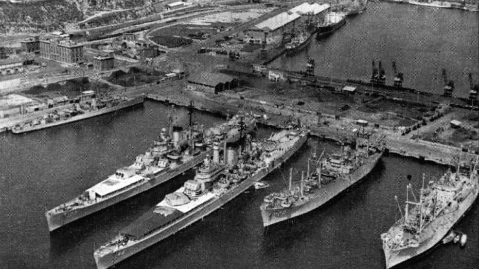 Ships of the US Navy Sixth Fleet visit Barcelona, Spain, in 1956.