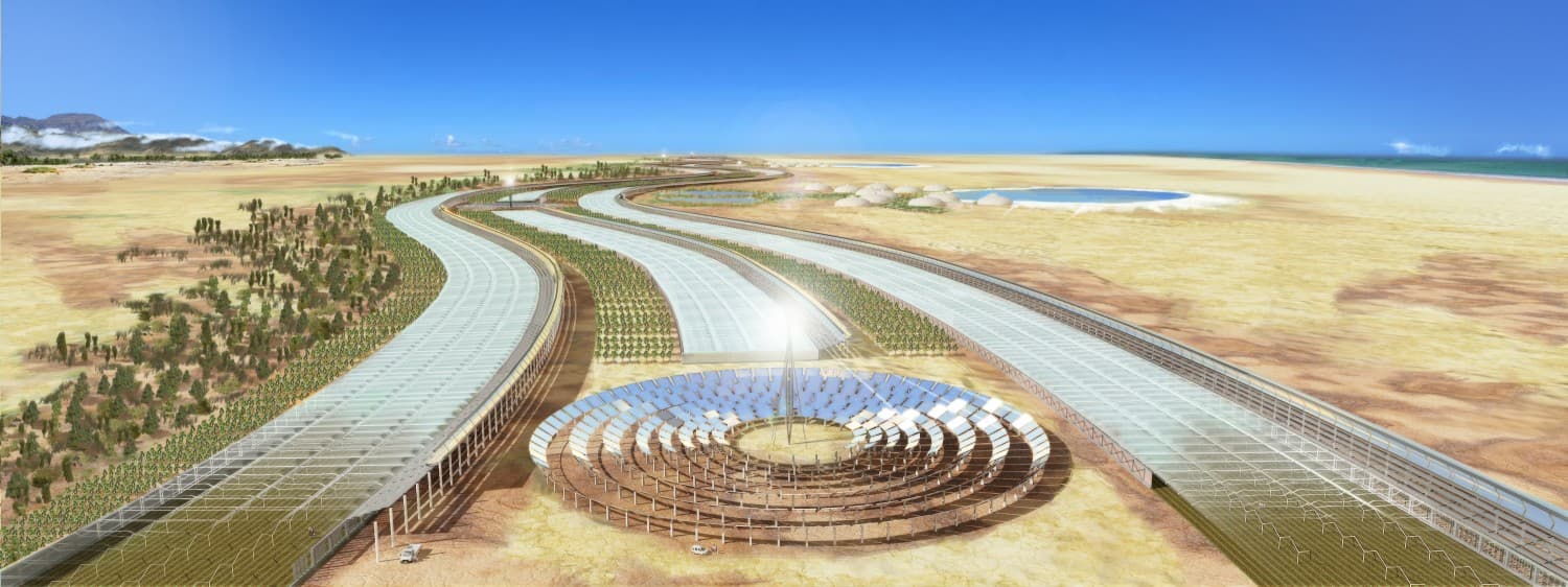 An artist's rendering of a full-scale commercial low-input desert agriculture facility. Projects designers say the concept should work in any low-altitude desert area near a large source of salt water.